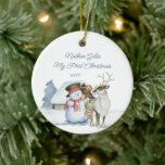 Décoration En Céramique Cute Snowman et Reindeer Première Céramique de Noë<br><div class="desc">Bébé premier ornement photo de Noël avec un mignon bonhomme de neige et rennes devant un cabine chaud dans la neige. Le modèle est prêt pour vous à modifier le texte sur le devant et ajouter votre photo préférée sur le dos. La photo est affichée en forme de carré, donc...</div>
