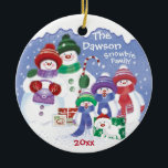 Décoration En Céramique "Cute Snowman, Family of 5 Snowbies, Christmas<br><div class="desc">This cute Christmas ornament features a Snowbie family of 5, plus a snow puppy. Soon to be a picture book by Carol M. Kearns, the Snowbies are characters, animals and children etc, all made from snow. The adorable picture on the front of this round ceramic ornament is designed for a...</div>