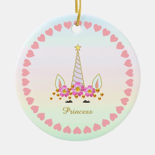 Décoration En Céramique Cute Unicorne, Fleurs, Coeurs & Confetti Or (Devant)