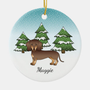 Décoration En Céramique Dachshund à poil court chocolat et fauve en hiver
