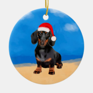 Décoration En Céramique Dachshund Chien Sur La Plage Casquette De Noël