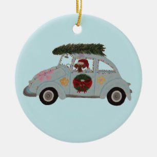 Décoration En Céramique Dachshund dans une voiture hippie à Noël