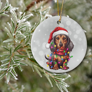 Décoration En Céramique Dachshund enveloppé dans des lumières de Noël