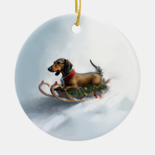 Décoration En Céramique Dachshund hiver neige de Noël