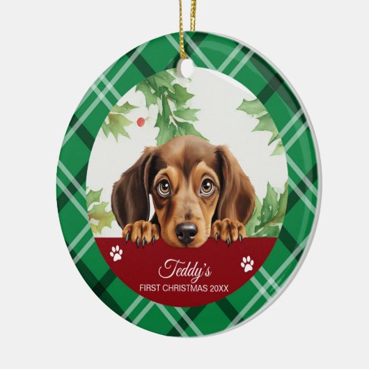 Décoration En Céramique Dachshund Personnalisé Premier Noël (Gauche)