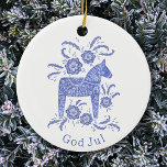 Décoration En Céramique Dala suédois Cheval Dieu Jul Bleu Blanc<br><div class="desc">Peinture bleue et blanche festive d'un Cheval de Dala suédois. Changez ou supprimez le salut de Dieu juil pour customiser. Art original de Nic Squirrell.</div>