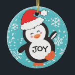 Décoration En Céramique Dancing Penguin Joy Snowflakes Christmas<br><div class="desc">Cute arctic animal theme Christmas ornament  features a dancing penguin in a Santa hat,  with "Joy" in its belly,  on a background of winter snowflakes and blue sky. Original artwork KL Stock.</div>