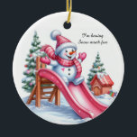 Décoration En Céramique Délicieux Pink Snowman Playground Amusant<br><div class="desc">Un ravissant petit bonhomme de neige habillé d'accessoires roses sur un toboggan d'aire de jeux rose vif. Arbres de Noël ornés de décorations dans un décor enneigé. Le message dit "Je suis en train de faire de la neige beaucoup de plaisir. Ajoutez cet ornement à votre décor de Noël rose....</div>