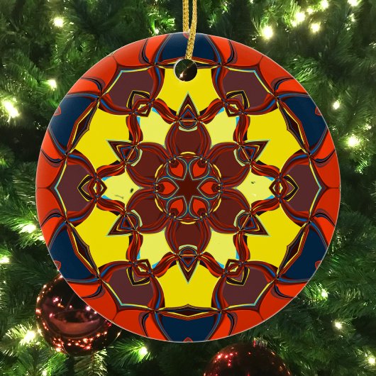 Décoration En Céramique Dessin Mandala Fleur jaune orange et bleu