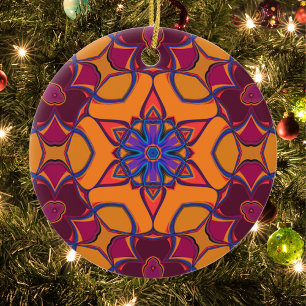 Décoration En Céramique Dessin Mandala Fleur orange violet et bleu