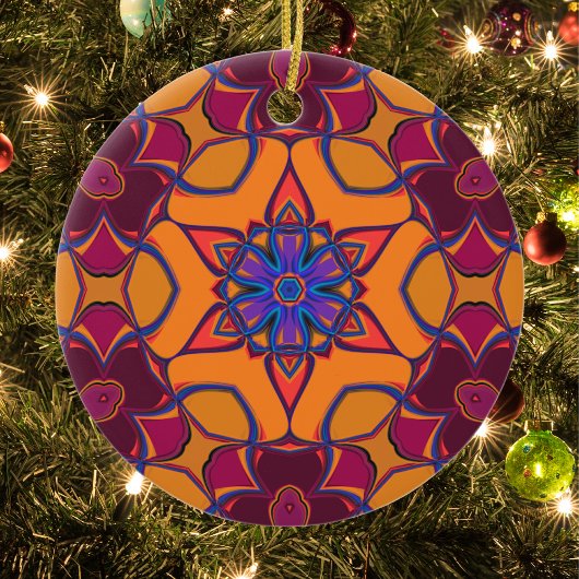 Décoration En Céramique Dessin Mandala Fleur orange violet et bleu