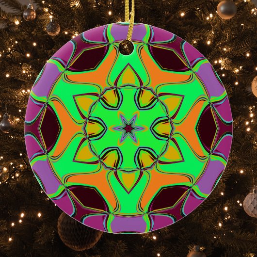 Décoration En Céramique Dessin Mandala Flower vert orange et violet