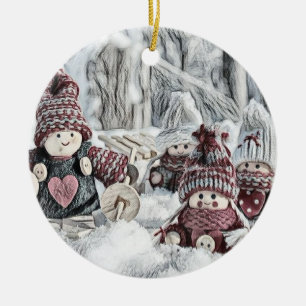 Décoration En Céramique Dessin vintage de Gnomes dans la neige