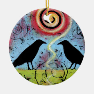 Décoration En Céramique Deux Ravens assis et Refléter Whimsical