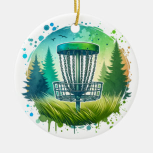 Décoration En Céramique Disque Golf Panier et Pins Arbres Bleu et Vert