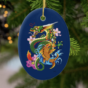 Décoration En Céramique Dragon Japonais Koi Lotus Mythique Asiatique Bleu