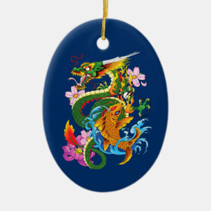 Décoration En Céramique Dragon Japonais Koi Lotus Mythique Asiatique Bleu