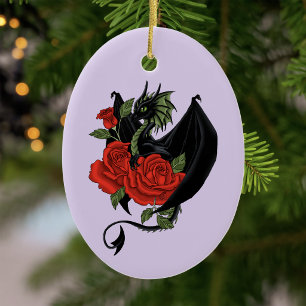 Décoration En Céramique Dragon Noir Mystique Roses Rouges Lavande Gothique