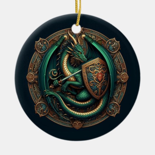 Décoration En Céramique Dragon vert avec épée (Devant)