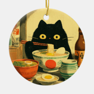 Décoration En Céramique Drôle chat noir manger Ramen