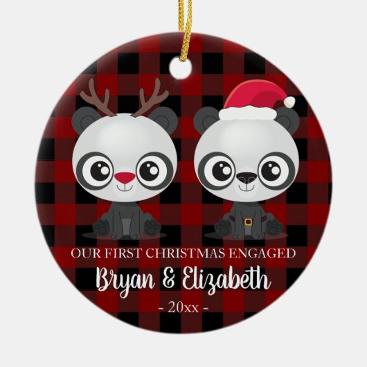 Décoration En Céramique Drôle Pandas premier Noël engagé rouge plaid (Devant)