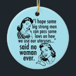 Décoration En Céramique Drôle Pro Choice Rétro Feminist Caricature politiq<br><div class="desc">Drôle Pro Choice Rétro Feminist Politique Caricature de Noël ornement en bleu. Un cadeau d'humour politique de la part d'un cool qui présente deux femmes vintages disant au gouvernement : "Restez en dehors de mon utérus." Anti Trump, une déclaration anti-GOP hilarante et pro-choix sur les droits des femmes à la...</div>