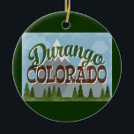 Décoration En Céramique Durango Colorado Amusants Rétro Montagnes neigeuse<br><div class="desc">Durango Colorado design de voyage vintage dans un style amusant rétro dessin animé avec des montagnes enneigées,  la forêt et les arbres en dessous,  le ciel bleu et le texte de script rétro cool.</div>