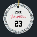 Décoration En Céramique École de volleyball Équipe Sports Joueur NOMBRE Am<br><div class="desc">Motif de volley-ball en noir blanc bleu avec les INITIALES de l'école personnalisée en rouge, SPORT en noir, joueur NUMBER en rouge. Facile à personnaliser le texte, la couleur du texte, la police à vos propres couleurs scolaires, les chiffres, le nom ou l'année. Idéal pour les joueurs de volleyball, les...</div>