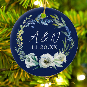 Décoration En Céramique Elégant bleu Floral Mariage Monogramme Noël
