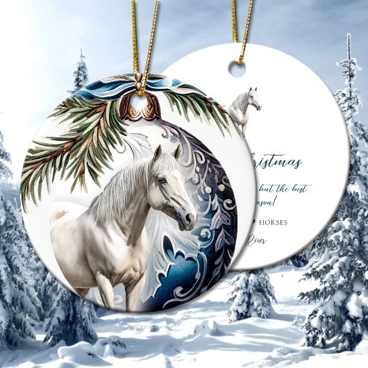 Décoration En Céramique Élégant bleu Noël blanc cheval équestre