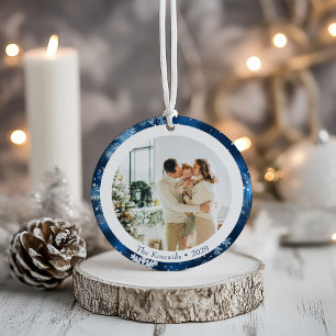 Décoration En Céramique Élégant Blue Snowflake Double Side Photo de Noël