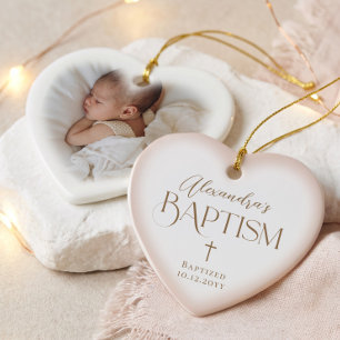 Décoration En Céramique Élégant Croix Bébé Fille Baptême Rose Cœur Photo