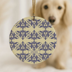 Décoration En Céramique Élégant damas vintage bleu marine jaune monogramme