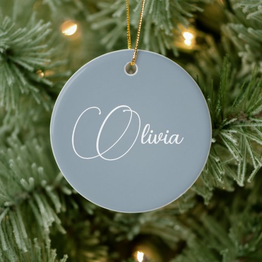 Décoration En Céramique Élégant Dusty Blue Script Nom Noël (Arbre)