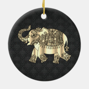 Décoration En Céramique Élégant éléphant floral paisley or sur damas noir