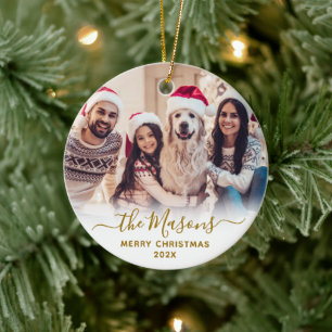 Décoration En Céramique Élégant Gold Script Famille Photo Joyeux Noël