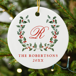 Décoration En Céramique Elegant Holly Berry Wreath Monogramme Photo