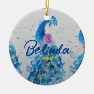 Décoration En Céramique Elégant Peacock Aquarelle Oiseaux Marine Bleu