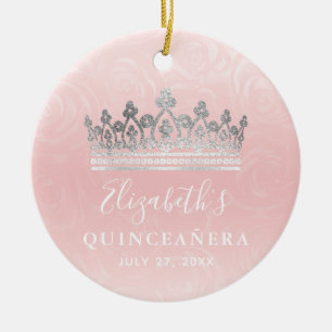 Décoration En Céramique Élégant Photo Argent et Rose Pâle Quinceanera