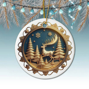 Décoration En Céramique Élégant renne d'or, cerf, flocon de neige de Noël