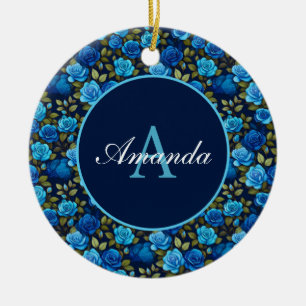 Décoration En Céramique Élégant Rose bleu motif floral Monogramme photo