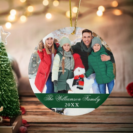 Décoration En Céramique Elegant Script 2 Sided Photo Christmas Green