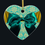 DÉCORATION EN CÉRAMIQUE ÉLÉGANT TURQUOISE BLANC DAMASK BLUE RIBBON MONOGRA<br><div class="desc">Élégant monogramme de coeur avec des fleurs damassées bleu aqua blanc et des arcs jaune doré pour Noël,  Saint Valentin,  anniversaire,  mariage,  sauver la date,  fiançailles romantique,  douches nuptiales.</div>