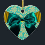 DÉCORATION EN CÉRAMIQUE ÉLÉGANT TURQUOISE BLANC DAMASK BLUE RIBBON MONOGRA<br><div class="desc">Élégant monogramme de coeur avec des fleurs damassées bleu aqua blanc et des arcs jaune doré pour Noël,  Saint Valentin,  anniversaire,  mariage,  sauver la date,  fiançailles romantique,  douches nuptiales.</div>
