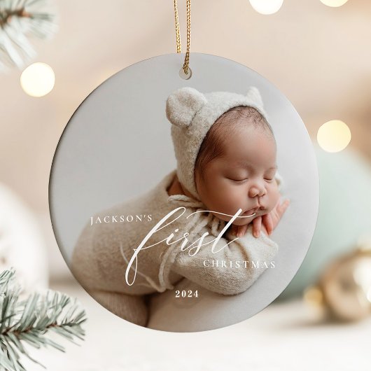 Décoration En Céramique Elegant White Script Baby's First Christmas Photo