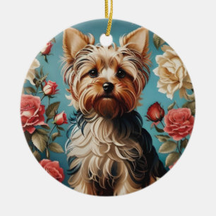 Décoration En Céramique Elégant Yorkshire Terrier Portrait Rose Garden