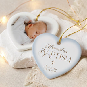 Décoration En Céramique Élégante Croix Bébé Garçon Baptême Bleu Cœur Photo