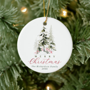 Décoration En Céramique Élégants arbres de pin aquarelle Noël avec photo