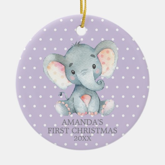 Décoration En Céramique Eléphant mignon fille bébé premier Noël violet (Devant)