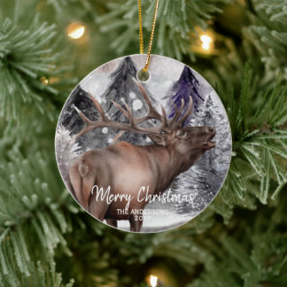 Décoration En Céramique Elk Deer Watercolor in Forest Christmas Ornament